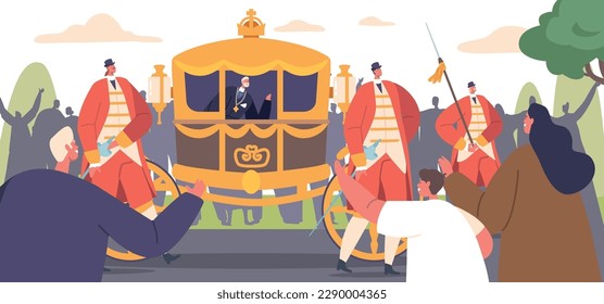 Monarch Waves At The Crowd While Riding In A Luxurious Carriage On The Street For A Grand Parade, Cartoon Illustration