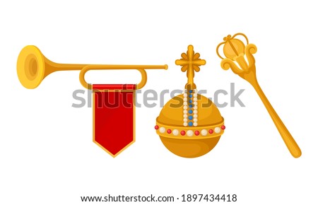 Monarchy Attributes with Golden Scepter and Trumpet Vector Set