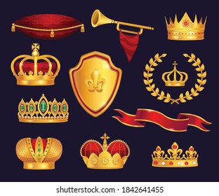 Monarchy attributes heraldic symbols realistic set with gold crowns tiara trumpet laurel wreath ceremonial cushion vector illustration 