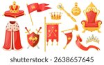 Monarchy attributes. King or queen coronation staff, golden crown scepter orb royal throne ceremonial pillow royalty robe fanfare luxury gold award cartoon neat vector illustration original artwork