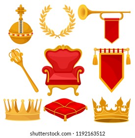 Monarchy attributes set, golden orb, laurel wreath, trumpet, throne, scepter, ceremonial pillow, crown, flag, heraldic symbols vector Illustration on a white background