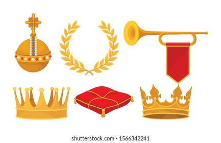 Monarchy Attributes Vector Set. Golden Power Symbols Collection