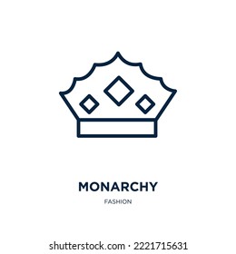 Monarchie-Ikone aus der Modekollektion. Dünne lineare Monarchie, Königin, Kontursymbol einzeln auf weißem Hintergrund. Zeilensymbol, Vektormonarchie, Symbol für Web und Mobile