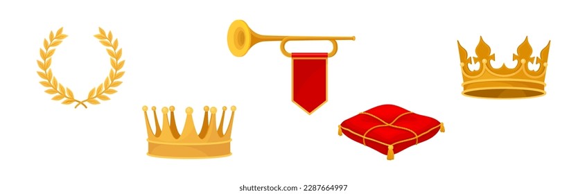 Monarchy and Royalty Symbol with Golden Crown, Laurel Wreath, Trumpet and Pillow Vector Set svg