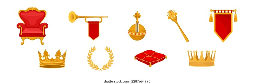 Monarchy and Royalty Symbol with Golden Scepter, Chair and Pennant Vector Set svg