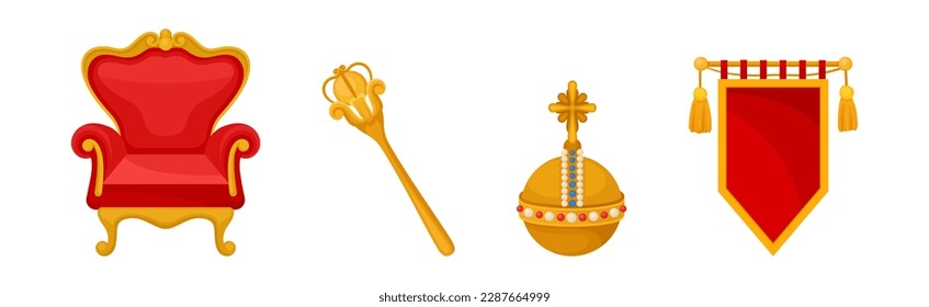 Monarchie und Symbol der Königshöhe mit Golden Scepter, Chair und Pennant Vector Set