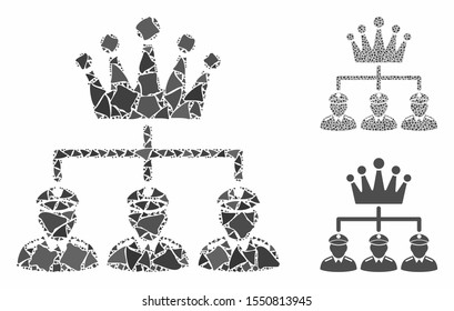 Monarchy structure mosaic of raggy parts in variable sizes and color hues, based on monarchy structure icon. Vector raggy pieces are grouped into collage.