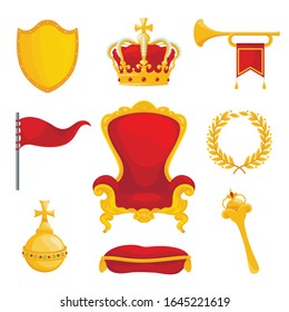 Monarchy symbol set, royalty and authority wealth. Coronation emblem. Vector flat style cartoon illustration isolated on white background