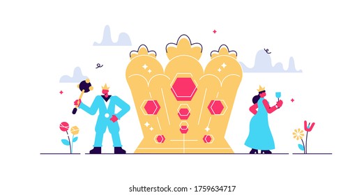 Monarchy vector illustration. Flat tiny government authority persons concept. National form of leadership power. King and queen royal throne and traditional crown symbol. Aristocracy hierarchy system.