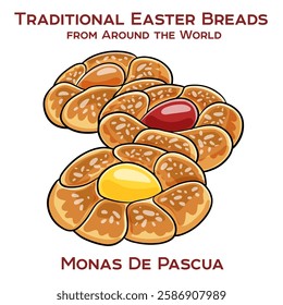 Monas de Pascua are traditional Spanish Easter cakes, often decorated with hard-boiled eggs and given as gifts during the Easter holiday.