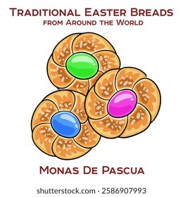 Monas de Pascua are traditional Spanish Easter cakes, often decorated with hard-boiled eggs and given as gifts during the Easter holiday.