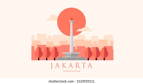 Monas Flat Vector Design Illustration. National Monument of Indonesia the Landmark of Jakarta City. Monumen Nasional Jakarta Tugu Monas, Capital City of Indonesia.