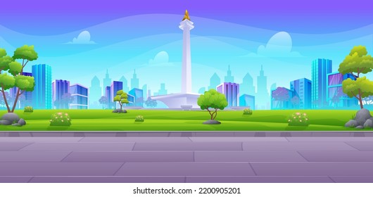 Monas, Indonesian monument in jakarta panoramic view from pavement terrace with beautiful city park skyscraper buildings vector illustrati