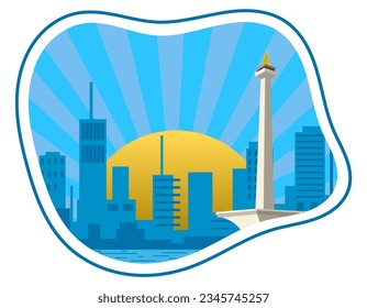 Monas Monument with Jakarta Cityscape vector illustration. Jakarta Indonesia city skyline silhouette vector illustration. Jakarta city landmark flat design on postage template vector.