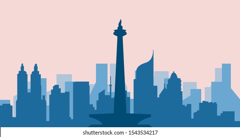 Monas silhouette and cityscape from jakarta indonesia. Panorama view of Jakarta City, NKRI skyline with world famous landmarks in flat design style vector illustration. EPS 10