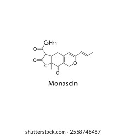 Monascin skeletal structure diagram.pigment compound molecule scientific illustration.