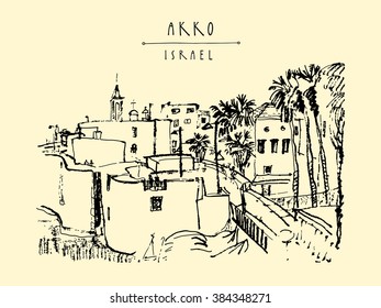 Monastery in Akko, Israel. Vintage artistic hand drawn postcard template in vector