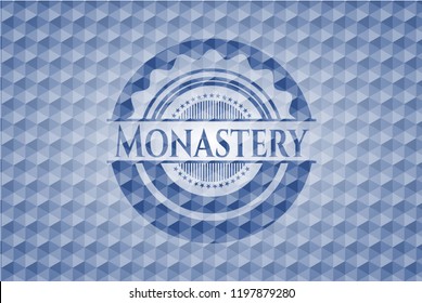 Monastery blue emblem or badge with abstract geometric polygonal pattern background.