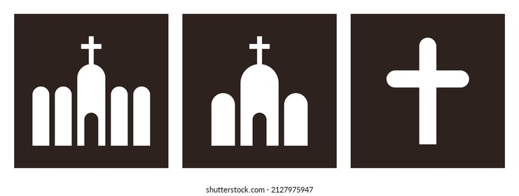 Kloster, Kirche und christliche Kreuzung Symbol Set. Christliche Symbole einzeln auf weißem Hintergrund