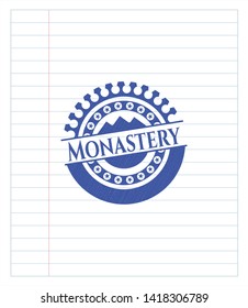 Monastery drawn with pen strokes. Blue ink. Vector Illustration. Detailed.