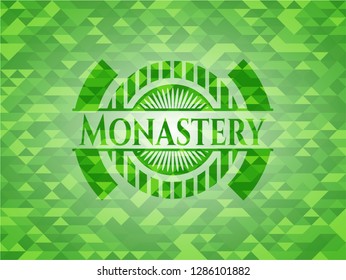 Monastery green emblem. Mosaic background