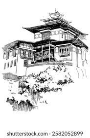 Monasterio en las Montañas. Línea ilustración de paisaje de montaña hecha a mano con pluma y tinta.