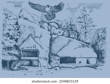 Monastery in the mountains of Ukraine. Line illustration of a mountain landscape, hand-drawn with pen and ink.