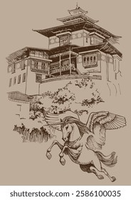 Monastery in the Mountains and the Unicorn. Line illustration of mountain landscape made by hand with pen and ink.