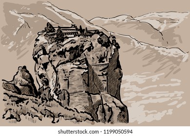 Monastery on the mountain of Meteora. Greece. Digital Sketch Hand Drawing Vector. Illustration.