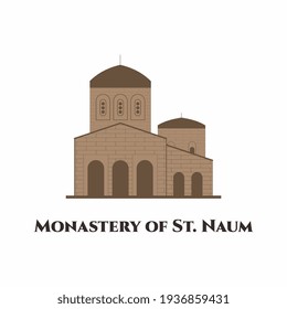 The Monastery of Saint Naum in Macedonia. One of the most famous tourist attractions and religious sites. It is worth to visit and highly recommended for tourist vacation. Vector flat illustration