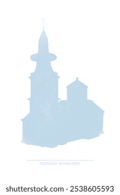 Tronoša Monastery silhouette in pastel colors on white background