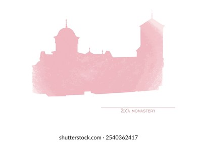 Žiča Monastery silhouette in pastel colors on white background