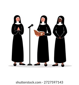 Coro de diferentes razas monásticas. Tres mujeres en hábito monástico cantan desde partituras a un micrófono. Ilustración plana de oración.