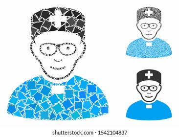 Monastic doctor mosaic of trembly parts in various sizes and shades, based on monastic doctor icon. Vector ragged parts are grouped into mosaic. Monastic doctor icons collage with dotted pattern.