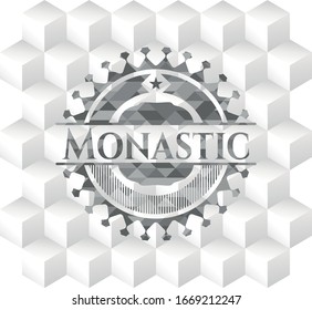 Monastic realistic grey emblem with geometric cube white background