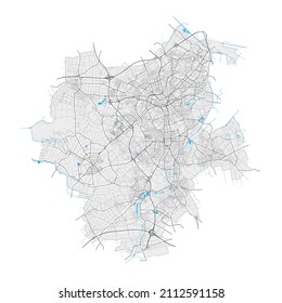 Monchengladbach, North Rhine-Westphalia, Germany high resolution vector map with city boundaries and editable paths. White outlines for main roads. Many detailed paths. Blue shapes and lines for water