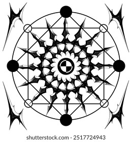 Monchrome Abstract Dark Transmutation Sigil Circle, Multiple of Embossed Cross Circles