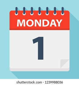 Monday 1 - Calendar Icon. Vector illustration of week day paper leaf.