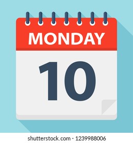 Monday 10 - Calendar Icon. Vector illustration of week day paper leaf.