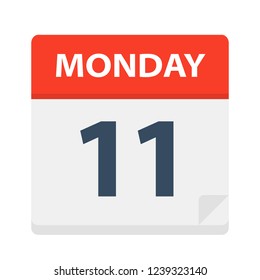 Monday 11 - Calendar Icon. Vector illustration of week day paper leaf.