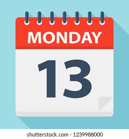 Monday 13 - Calendar Icon. Vector illustration of week day paper leaf.