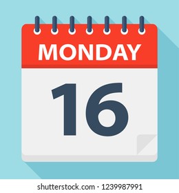 Monday 16 - Calendar Icon. Vector illustration of week day paper leaf.