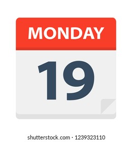Monday 19 - Calendar Icon. Vector illustration of week day paper leaf.