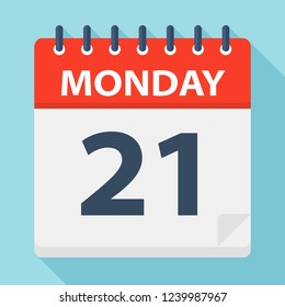 Monday 21 - Calendar Icon. Vector illustration of week day paper leaf.