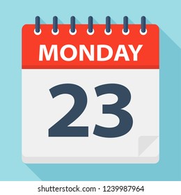 Monday 23 - Calendar Icon. Vector illustration of week day paper leaf.