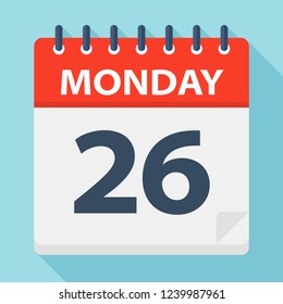 Monday 26 - Calendar Icon. Vector illustration of week day paper leaf.