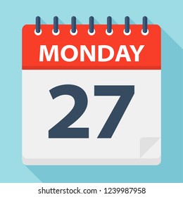 Monday 27 - Calendar Icon. Vector illustration of week day paper leaf.