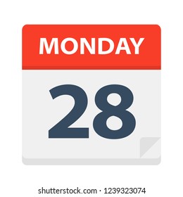 Monday 28 - Calendar Icon. Vector illustration of week day paper leaf.