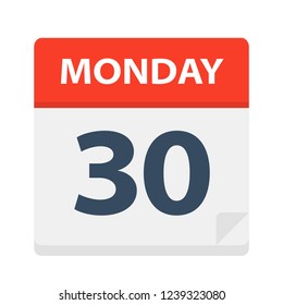 Monday 30 - Calendar Icon. Vector illustration of week day paper leaf.