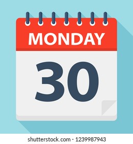 Monday 30 - Calendar Icon. Vector illustration of week day paper leaf.